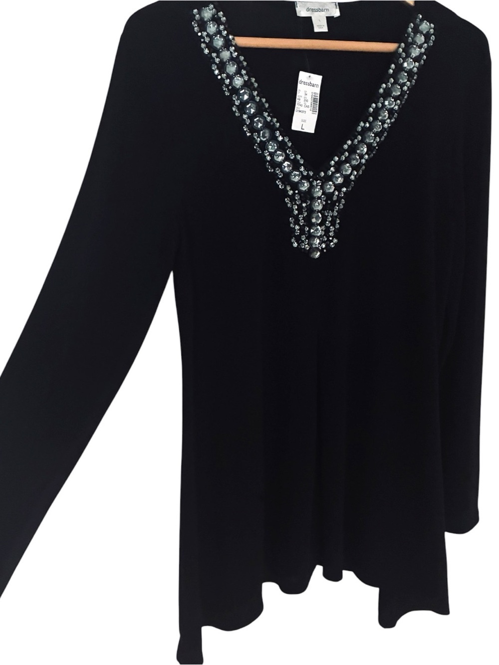 NEW NWT Dressbarn Sz LARGE Black Beaded Stone Trim V Neck Tunic Sweater - Picture 3 of 7